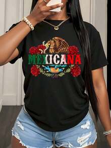 Camiseta Mexicana con Diseño de Águila y Rosas, Diseño de Bandera Mexicana, Top Casual para Mujer, Ropa para Celebración del Día de la Independencia, Adecuada para Deportes, Uso Diario y Fiestas - Negro - Ver 2