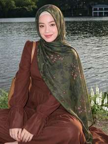 1 chiếc khăn trùm đầu nữ in họa tiết hoa, khăn hijab mỏng in kỹ thuật số chất lượng cao, mềm mại và thoáng khí, khăn choàng đầu rộng viền, phong cách đường phố thường ngày, phù hợp cho mọi mùa để phối với váy. - 566-Dây leo xanh - Xem 4