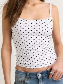 Women Polka Dot Print Square Neck Cami Tank Top - White - View 1