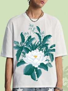 ROMWE MEN La Camiseta Deportiva Casual para Hombre "White Lotus", Diseño de Loto Blanco, Estilo Minimalista y Sencillo en General - Blanco - Ver 3
