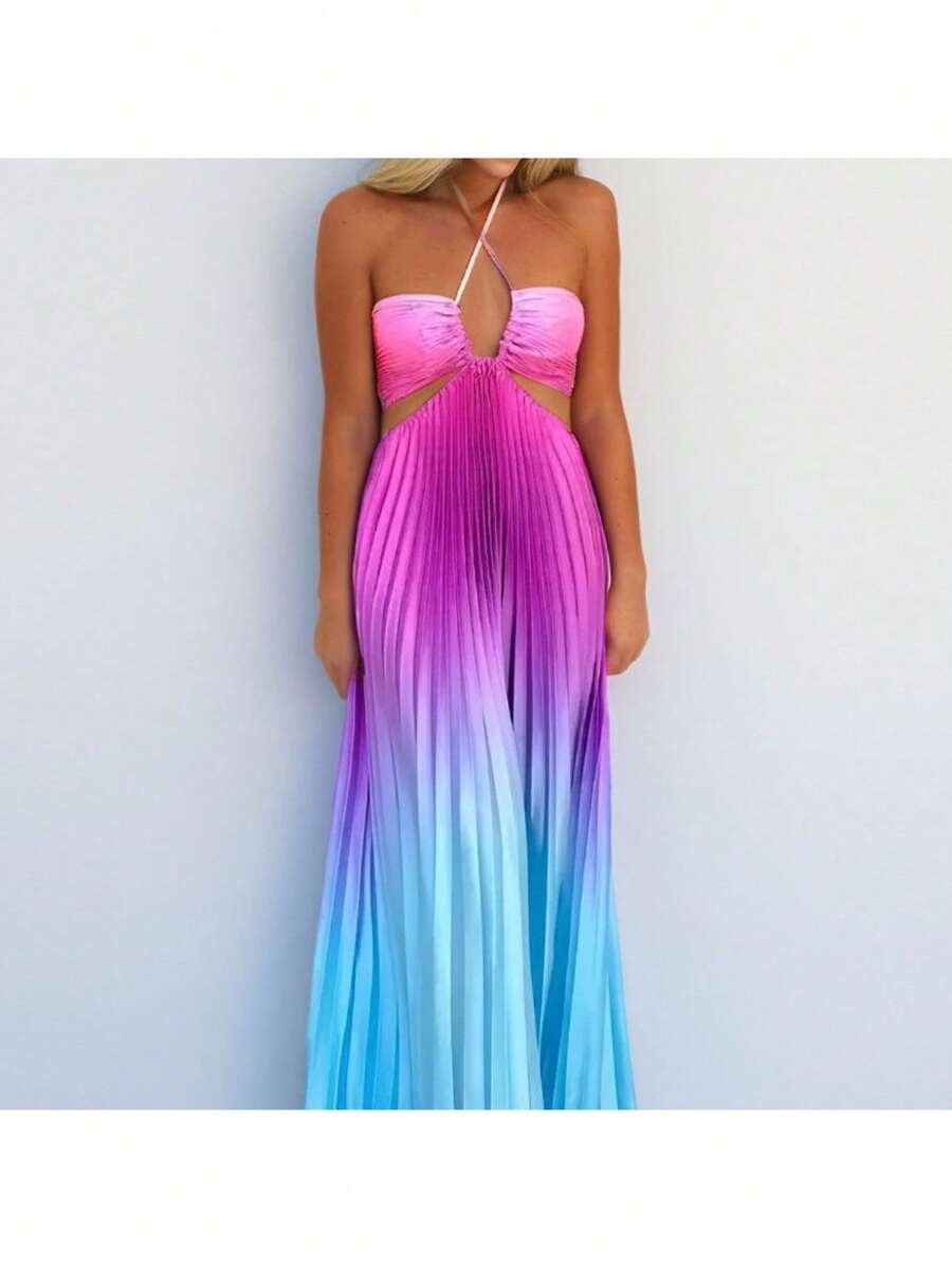Long Gradient Dress With Halter Neck And Openwork, Elegant And Sensual Style Spring 2026 - Blue - View 1