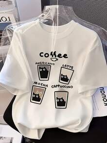 Camiseta de Mujer para Verano, Casual, Versátil, con Estampado de Gato y Café, de Longitud Media, Holgada, de Cuello Redondo y Manga Corta, Tops para Mujer - Blanco - Ver 1