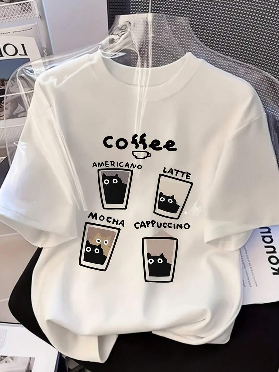 Camiseta de Mujer para Verano, Casual, Versátil, con Estampado de Gato y Café, de Longitud Media, Holgada, de Cuello Redondo y Manga Corta, Tops para Mujer - Blanco - Ver 1