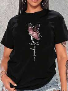Playera mujer algodón 100% negra con estampado gráfico de mariposa rosa, diseño casual de manga corta, cuello redondo, estilo cómodo y transpirable para uso diario - Negro - Ver 4