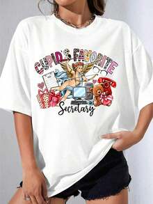 Black And White T-Shirt For Girls, Cute Oversized T-Shirt With Cupid Graphic Print, Secretaries' Favorite, Valentine's Day Office Theme, For Casual Wear And Party Gifts, Printed T-Shirt For Outdoor Parties, Casual. - 白色 - 查看 1