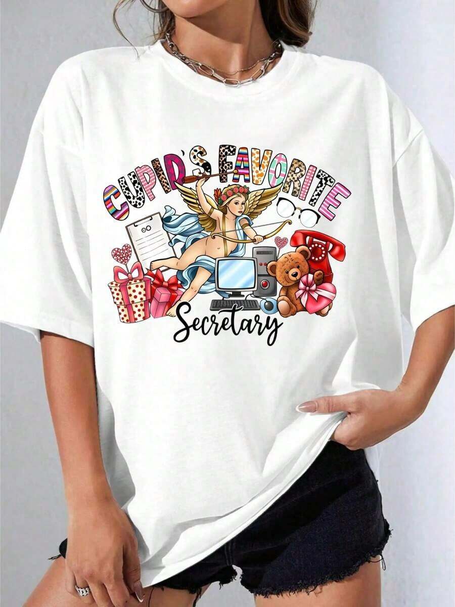 Black And White T-Shirt For Girls, Cute Oversized T-Shirt With Cupid Graphic Print, Secretaries' Favorite, Valentine's Day Office Theme, For Casual Wear And Party Gifts, Printed T-Shirt For Outdoor Parties, Casual. - 白色 - 查看 1