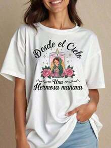 Camiseta Vintage de Algodón para Mujer, Estilo Oversize, Nuestra Señora de Guadalupe, Virgen María, Camiseta de Fe, Cuello Redondo, Religiosa, Inspiradora, Cristiana, Corte Holgado, para Fiestas o Regalos, Suave y Cómoda, Estampado de Moda - Negro - Ver 9