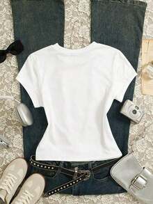 Women's Personalized Short Sleeve T-Shirt With Round Neck And Slogan Print - Urban Vintage Style, Loose Fit, Cotton - White - View 2