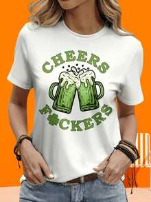 Camiseta de manga corta para mujer, para ocio al aire libre y en casa, 220g. Camiseta de cerveza para el Día de San Patricio "Cheers Fackers" para mujer, camisa irlandesa divertida con diseño de jarras de cerveza verdes, ropa casual para festivales y fiestas. Regalo para fiestas y vacaciones al aire libre. - Blanco - Ver 1