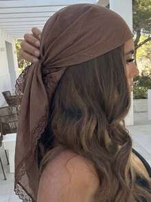 1pc Women's Elegant Solid Color Square Lace Trim Headscarf, Multifunctional As Headscarf, Shawl, Headband And Hair Accessory, Suitable For Use In Mosques, Lightweight For Summer, Fashion Casual Accessory - Brown - View 5