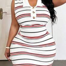 Slayr Spring/Summer New Casual Street & Vacation & College & Daily Outing & Casual & Beach & Music Festival Fitted Sleeveless Shirt Collar Half-Open Dress Colorful Striped Contrast Mini Bodycon Knitted Sweater Dress, Plus Size - Multicolor - Ver 2