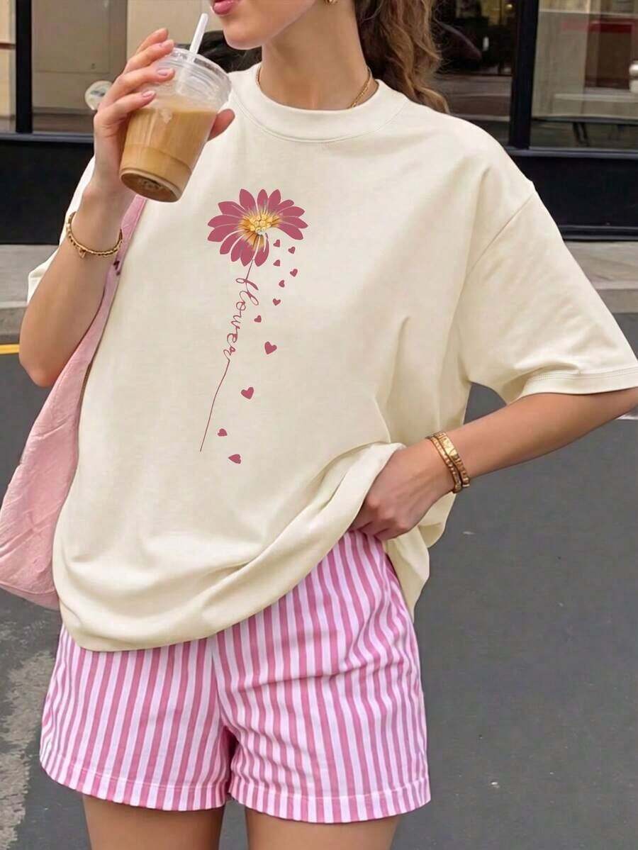 New Summer 2026 Model, Women's Printed Short Sleeve T-Shirt, 1 Piece, For Summer, Polyester Fabric, Multifunctional Style, Regular Fit, Weight 180 Grams, 1 Unit. 100% Cotton, Suitable For Outdoor Outings And Everyday Street Wear. - 杏色 - 查看 1