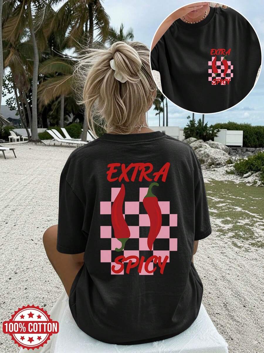 Playera Casual de Cuello Redondo con Estampado Gráfico y Caída en los Hombros, Manga Corta para Primavera y Verano, Ropa para MujerPure Cotton Short-Sleeve Shirt