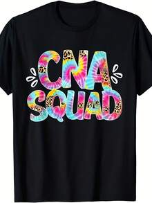 Camiseta de mujer con estampado de leopardo y efecto tie-dye para asistente de enfermería CNA, diseño idéntico para hombres y mujeres, verano 2025, camiseta de manga corta estampada, hecha de tela pura, talla grande. - Negro - Ver 1