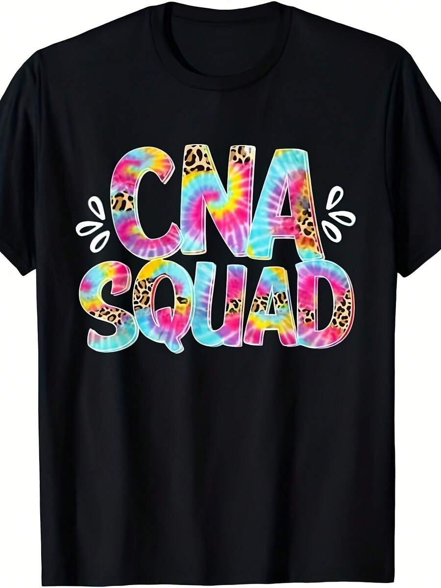 Camiseta de mujer con estampado de leopardo y efecto tie-dye para asistente de enfermería CNA, diseño idéntico para hombres y mujeres, verano 2025, camiseta de manga corta estampada, hecha de tela pura, talla grande. - Negro - Ver 1