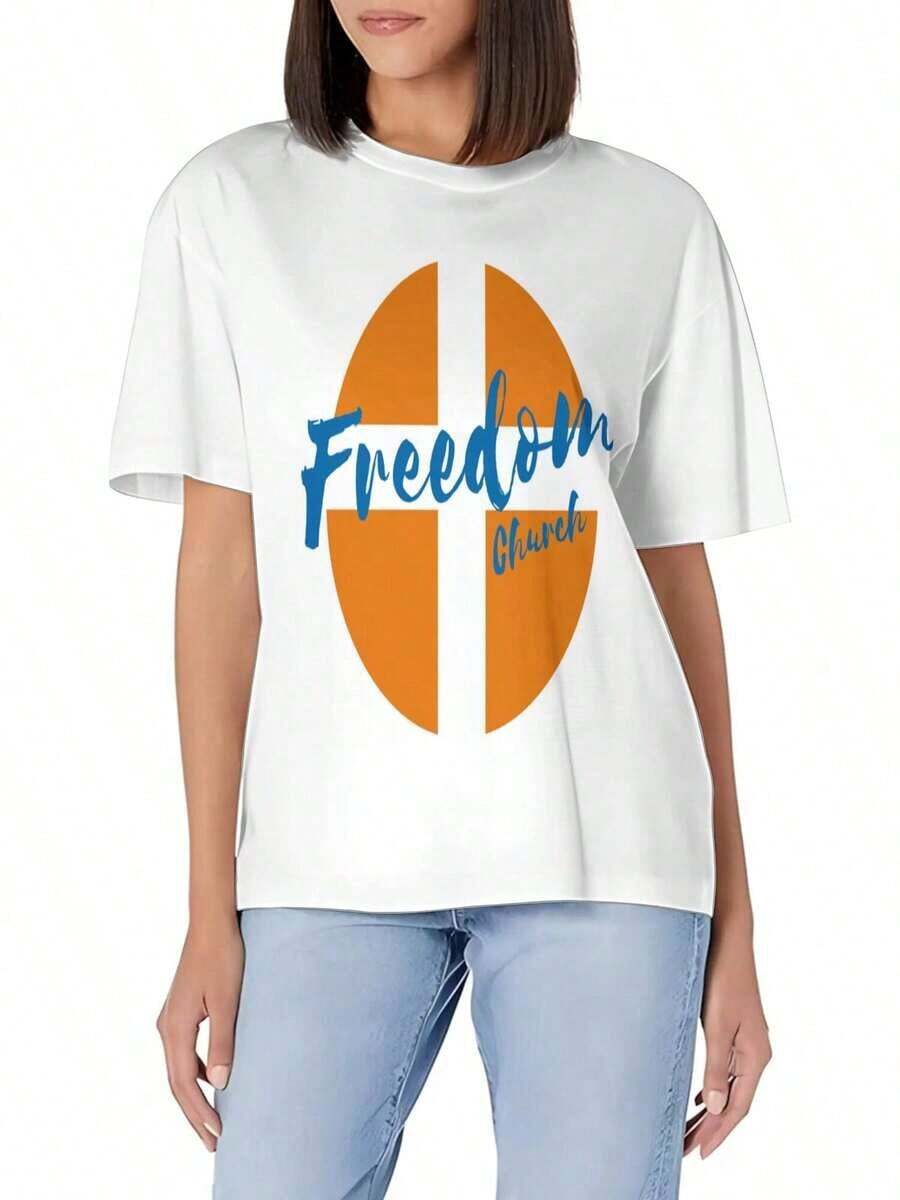 Camiseta Básica de Cuello Redondo para Mujer con Logo Circular y Borde Blanco - Algodón Suave, Corte Ajustado, Versátil para Uso Diario, Ropa Fresca de Verano - Blanco - Ver 1