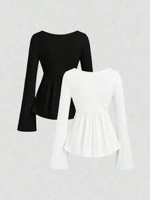 2 piezas Conjunto de camisetas de manga larga versátiles, elegantes y cómodas para mujer - Multicolor 9 - Ver 2