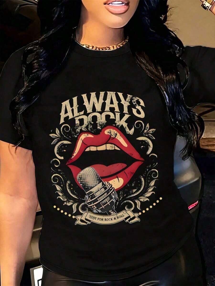 Always Rock Women's T-Shirt, Vintage Rock Band Design With Red Lips And Microphone, White Cotton T-Shirt For Music Lovers - 黑色 - 查看 1