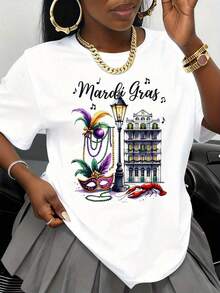 Camiseta Gras Party con diseño de escena callejera de Nueva Orleans, máscara, cuentas y cangrejo de río, top casual para mujer. - Blanco - Ver 7