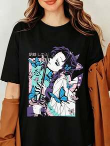 Shinobus Kochos Demonss Slayers T-Shirt, Kimetsus No Yaiba Anime Butterfly Graphic Tee, Shinobus T-Shirt, Unisex Casual Cosplay Y2K Harajuku Streetwear - Black - View 1