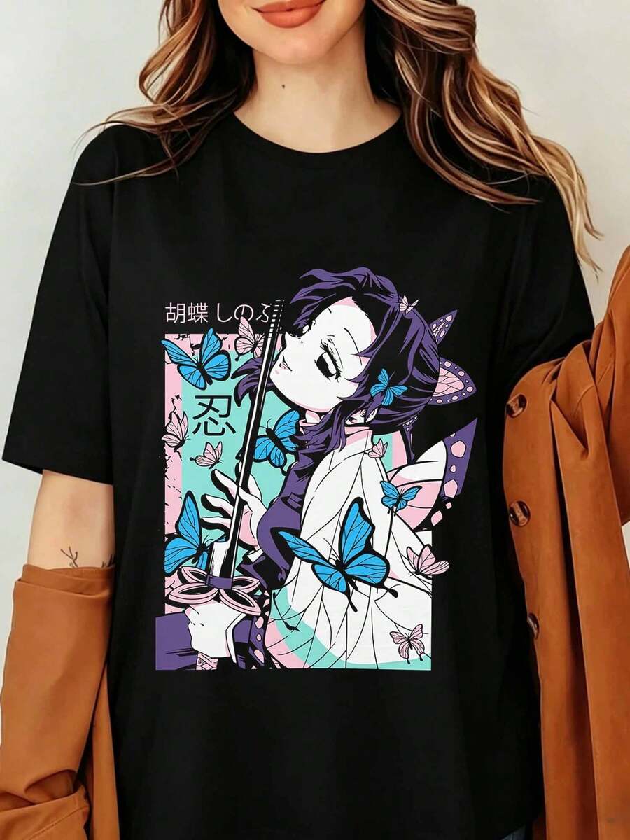 Shinobus Kochos Demonss Slayers T-Shirt, Kimetsus No Yaiba Anime Butterfly Graphic Tee, Shinobus T-Shirt, Unisex Casual Cosplay Y2K Harajuku Streetwear - Black - View 1