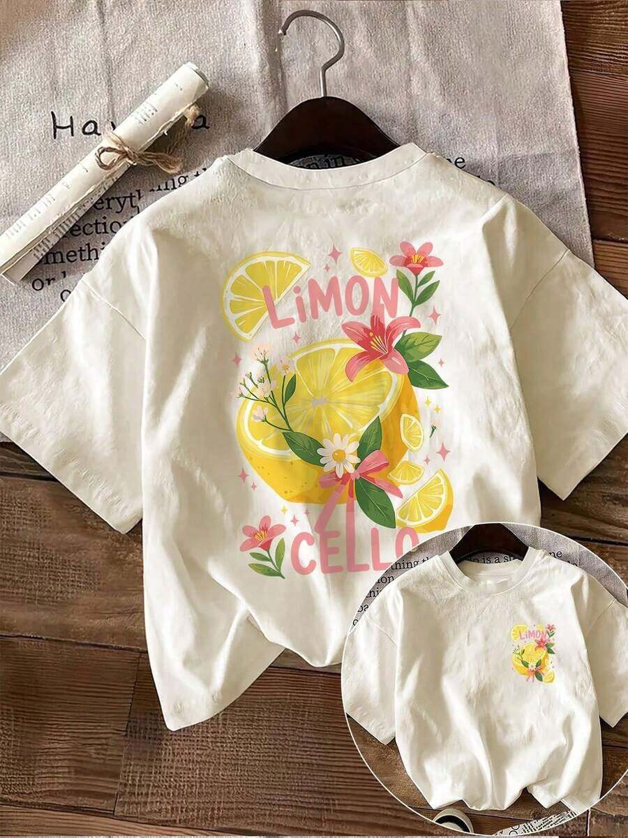 Fashionable Women's Casual T-Shirt With A Double-Sided Print, Suitable For Both Spring And Summer, Featuring A Fresh Lemon Floral Design, Round Neck, And Short Sleeves - Unisex Loose-Fitting Cotton T-Shirt In An Urban Vintage Style With A Round Neck And Short Sleeves. Soft - 杏 - 查看 1