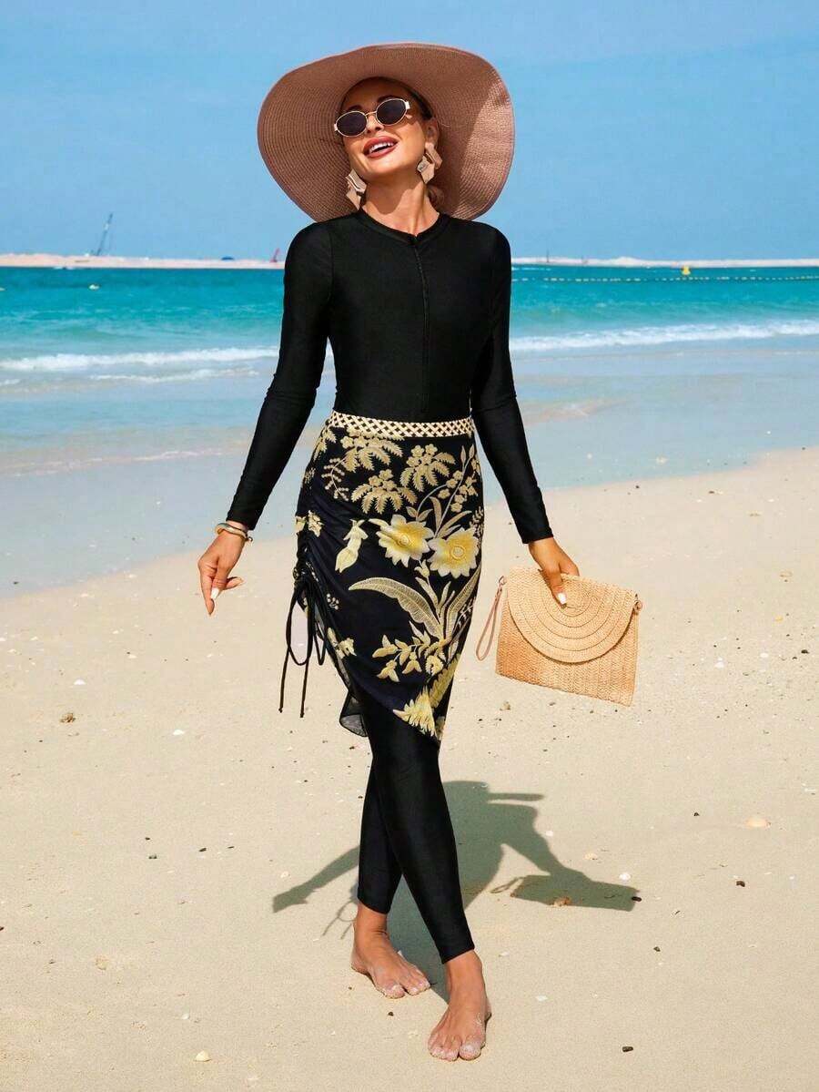 Swim Conjunto de traje de baño de una pieza con cremallera frontal de manga larga y pantalones largos de unicolor, combinado con un vestido de malla floral como cubierta y falda, conjunto de ropa de playa, ropa de vacaciones, conjunto de atuendos de vacaciones, conjunto de atuendos de crucero, ropa de resort, conjunto de atuendos de vacaciones, conjunto de atuendos de isla para mujer - Multicolor - Ver 1