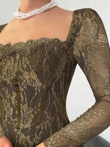 Vestido negro ajustado hasta el suelo con cuello corsé ahuecado y mangas largas con encaje en forma de S sexy para mujer para fiestas, citas y banquetes de otoño/invierno nuevo - Verde militar - Ver 6