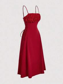 Vestido de tirantes unicolor pecho con fruncido con cordón lateral - Rojo 2 - Ver 4
