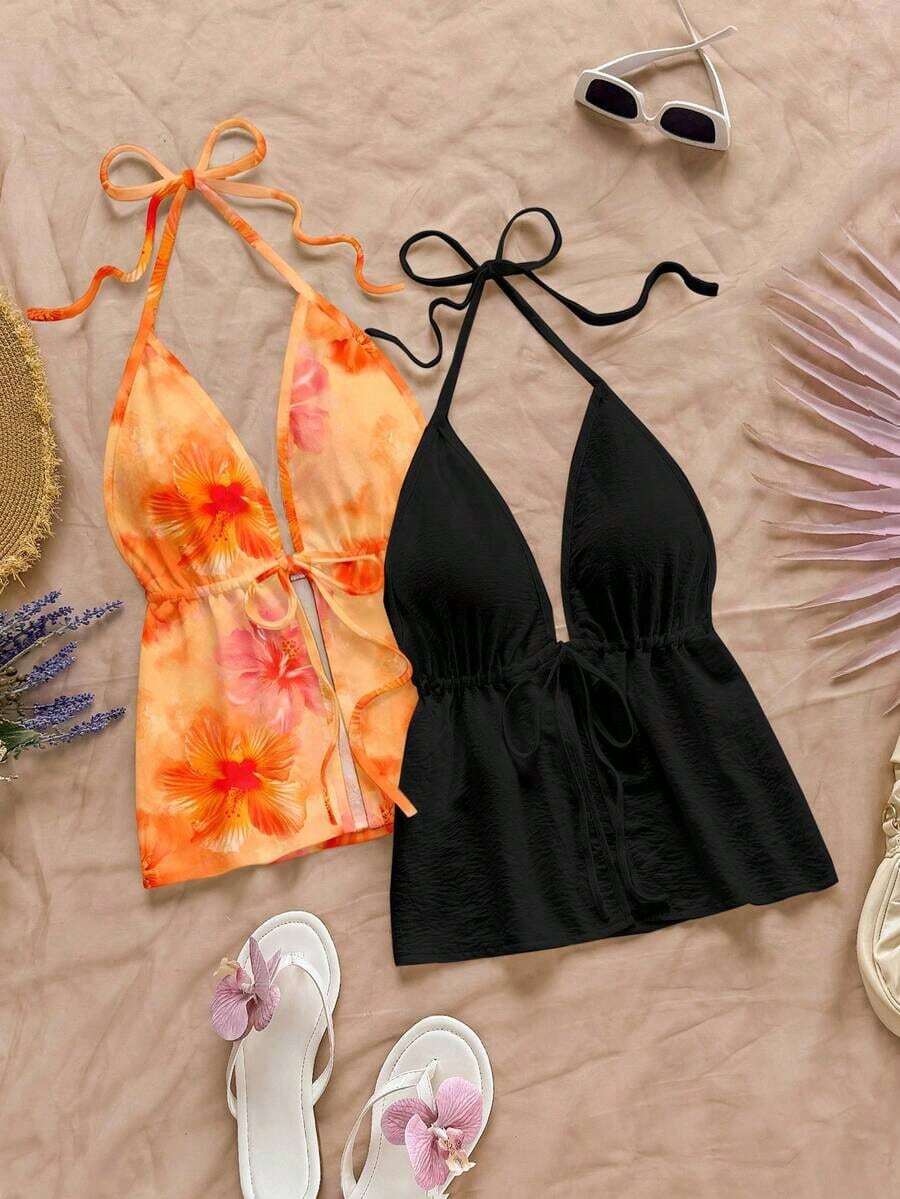 2 piezas Conjunto de top sin espalda con cuello halter y estampado floral de contraste de color, adecuado para verano, salidas, fiestas, bodas, cumpleaños, elegante - Multicolor 12 - Ver 1