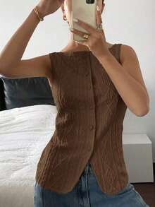 Camisa informal sin mangas con textura geométrica y abotonadura sencilla para mujer - Marrón 2 - Ver 5
