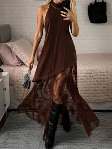 JTI Women's Sleeveless Halter Neck Asymmetrical Hem A-Line Long Dress, Black Sheer Lace, Elegant Casual Commute Date Outfit, Comfortable Fashionable Style, Suitable For Spring Summer Autumn Winter All Seasons - Coffee Brown - View 6