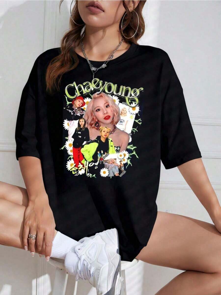 Unisex T-Shirt With K-Pop Group Print, Round Neck, Short Sleeve, Retro Design, Ideal For Fans - 黑色 - 查看 1