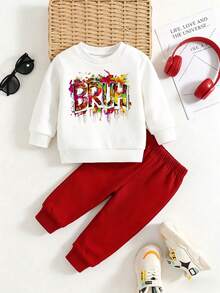 2pcs Baby Boy Letter Print Crew Neck Long Sleeve Warm Sweatshirt And Pants Set - White - View 1