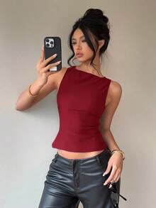 Blusa sin mangas con cuello redondo y lazo en la espalda, para uso casual y de oficina, en color negro con lunares rosas y marrones - Rojo - Ver 8