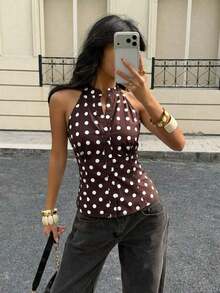 Camisa de mujer con estampado de rayas azules y blancas en todo el diseño, de estilo minimalista y casual, adecuada para vacaciones de primavera/verano - Marrón - Ver 6