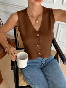 Chaleco elegante de mujer de unicolor con cuello en V sin mangas, decorado con botones metálicos, para verano, playa, vacaciones, estilo boho, tropical, casual, de oficina, de salida elegante, para la escuela y vacaciones, color albaricoque - Marrón - Ver 8
