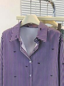 Camisa de manga larga con estampado a rayas y lazo, con botones delanteros, cuello de camisa, top casual, adecuado para primavera, otoño e invierno en color rosa - Morado - Ver 5