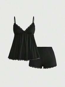 Conjunto de pijama casual de camiseta de tirantes acanalada y shorts con encaje - Negro - Ver 1