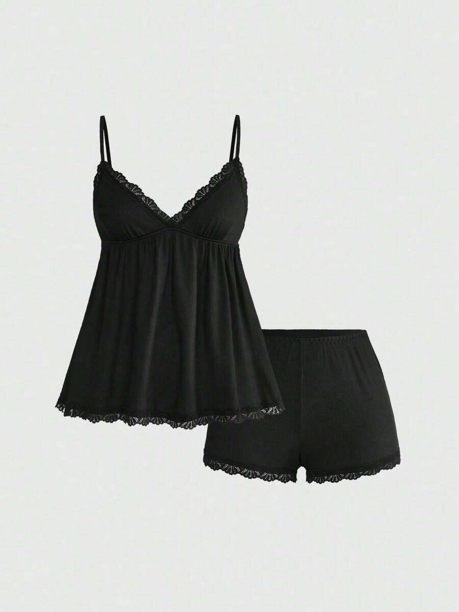 Conjunto de pijama casual de camiseta de tirantes acanalada y shorts con encaje - Negro - Ver 1