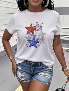 1 Piece Of Women's Breathable Summer Loose-Fitting T-Shirt With An American Flag And Fireworks Print, Short Sleeves, And A Crew Neck. With A Stylish, Unique, And Versatile Design, It's Perfect For Casual Everyday Wear, Vacations, Festivals, And Summer Gatherings, And Also Makes A Great Gift. 180g 100% Cotton - 白色 - 查看 7