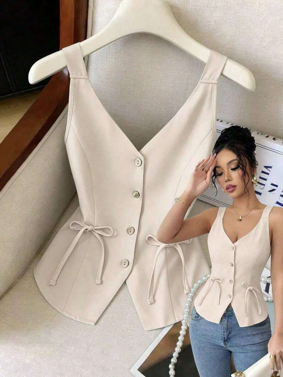 Nuevo Llegado para el Día de San Valentín 2025 Blusa de Tirantes con Cuello en V Profundo, Lazo en la Cintura y Moño para Mujer, Estilizante - Albaricoque - Ver 1