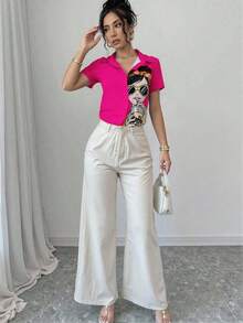 Blusa de mujer con estampado de chica de moda, manga corta y abotonadura, top de manga corta - Rosa Fucsia - Ver 3