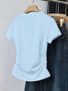 Camiseta ajustada de manga con volantes en degradado con estampado de corazón de fresa y letras, para uso casual, vacaciones y viajes, verano - Celeste - Ver 2