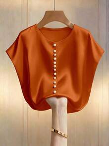 Blusa elegante de mujer con mangas de murciélago en color champán, cuello redondo decorado con perlas y manga corta, de tela de satén, adecuada para ir a trabajar y uso diario elegante - Naranja - Ver 4