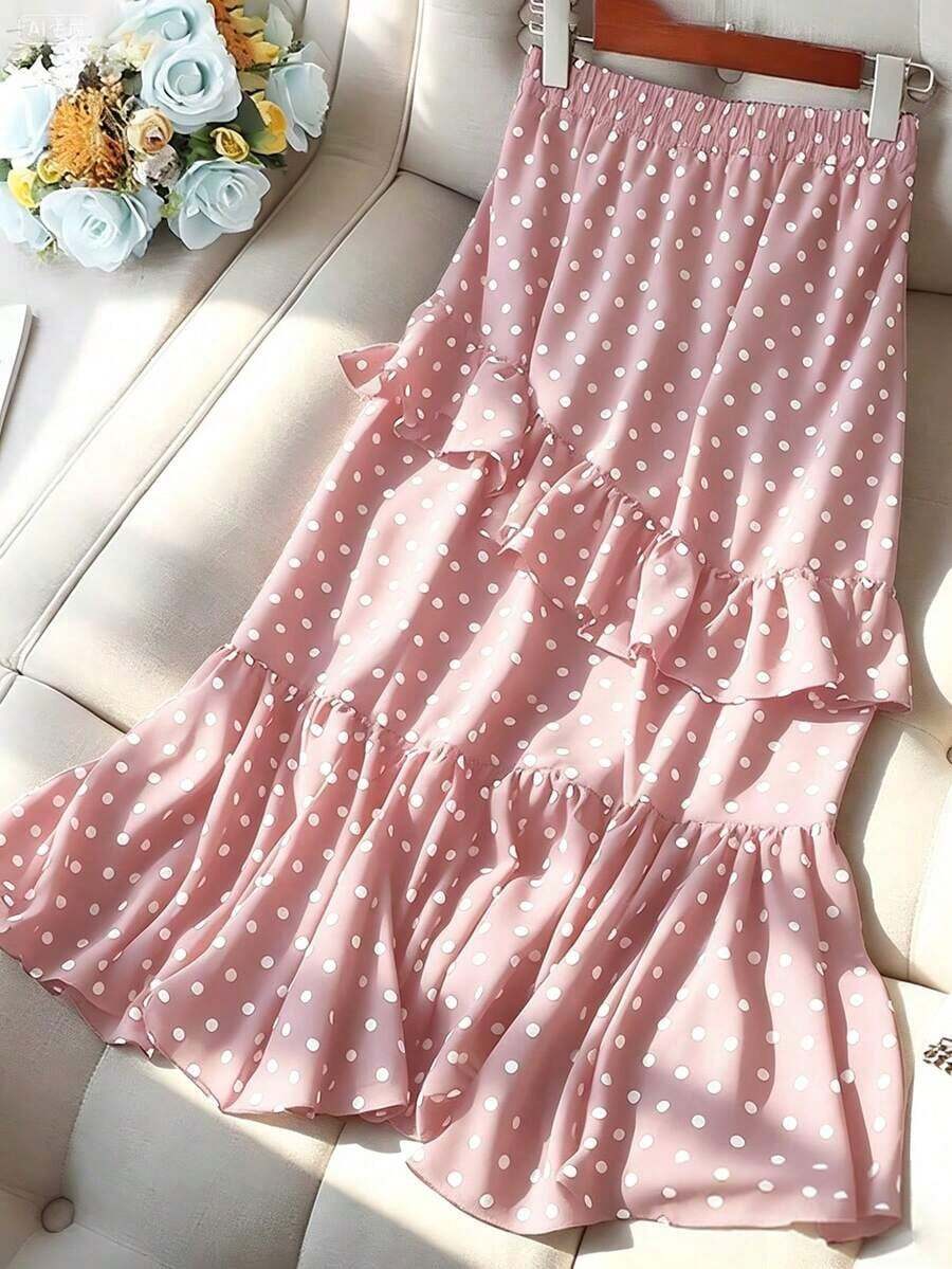 Falda de mujer elegante con pliegues y lunares - Rosa - Ver 1