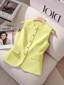 Camisa sin mangas de unicolor y estilo minimalista con botones para mujer - Amarillo - Ver 1