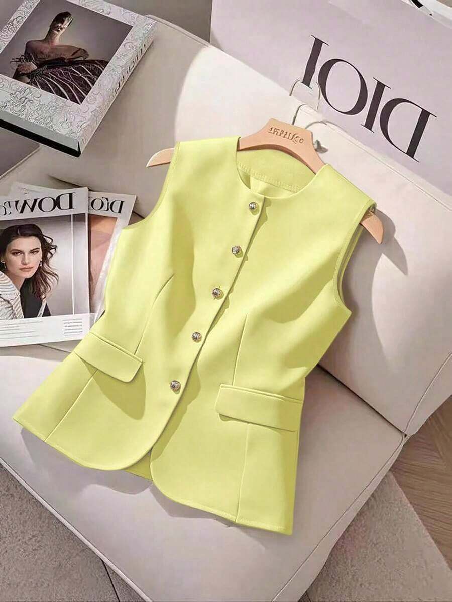 Camisa sin mangas de unicolor y estilo minimalista con botones para mujer - Amarillo - Ver 1