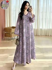Vestido largo con estampado botánico vintage, vestido floral de manga larga y cuello en V, vestido de gasa elegante para primavera/verano - Multicolor - Ver 1
