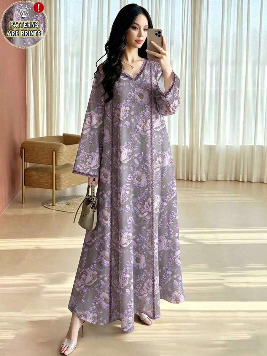 Vestido largo con estampado botánico vintage, vestido floral de manga larga y cuello en V, vestido de gasa elegante para primavera/verano - Multicolor - Ver 1